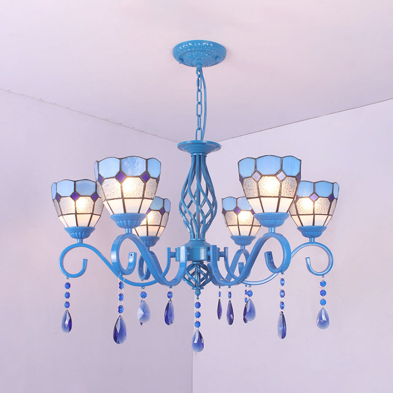 6/8 Lights Blue Pendant Lighting Nautical Tiffany Stained Glass Indoor Chandelier Light with 12" Chain Clearhalo 'Ceiling Lights' 'Chandeliers' 'Industrial' 'Middle Century Chandeliers' 'Tiffany Chandeliers' 'Tiffany close to ceiling' 'Tiffany' Lighting' 178226