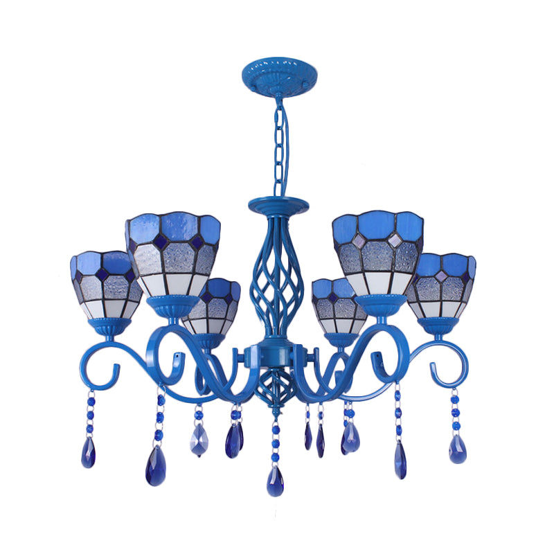 6/8 Lights Blue Pendant Lighting Nautical Tiffany Stained Glass Indoor Chandelier Light with 12" Chain Clearhalo 'Ceiling Lights' 'Chandeliers' 'Industrial' 'Middle Century Chandeliers' 'Tiffany Chandeliers' 'Tiffany close to ceiling' 'Tiffany' Lighting' 178227