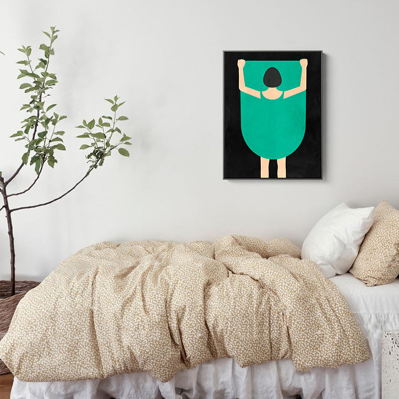 Vrouw in groene muurdecor figuur tekenen funky gestructureerde canvas muurkunst voor slaapkamer