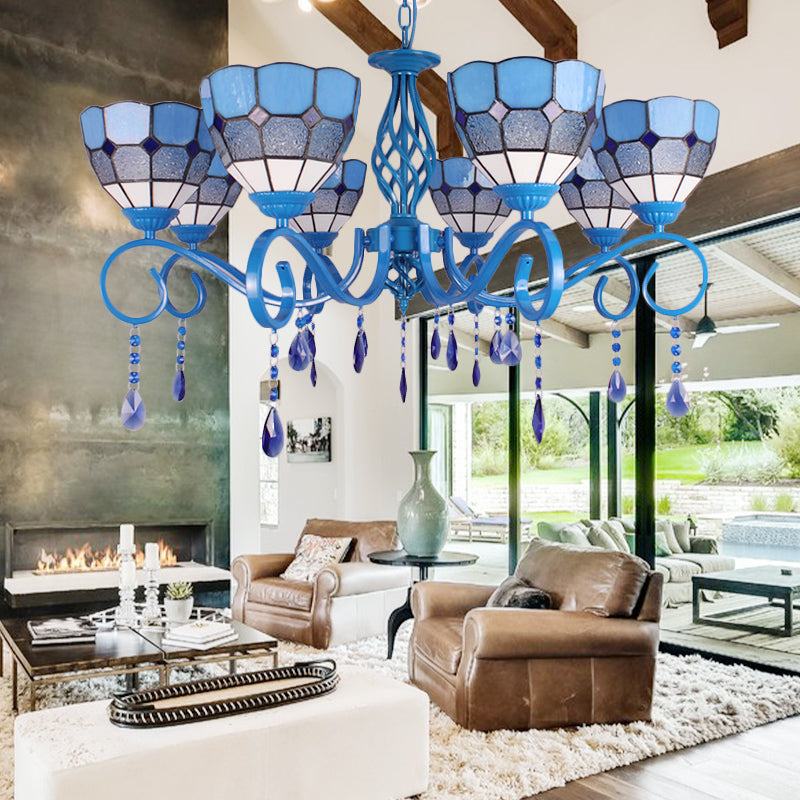 6/8 Lights Blue Pendant Lighting Nautical Tiffany Stained Glass Indoor Chandelier Light with 12" Chain 8 Blue Clearhalo 'Ceiling Lights' 'Chandeliers' 'Industrial' 'Middle Century Chandeliers' 'Tiffany Chandeliers' 'Tiffany close to ceiling' 'Tiffany' Lighting' 178229