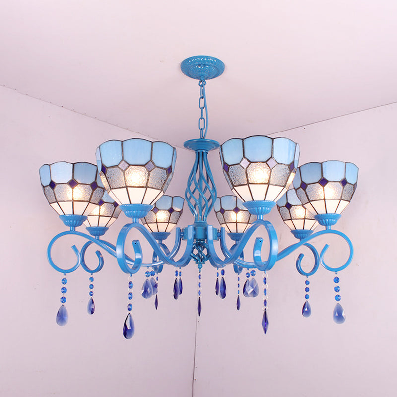 6/8 Lights Blue Pendant Lighting Nautical Tiffany Stained Glass Indoor Chandelier Light with 12" Chain Clearhalo 'Ceiling Lights' 'Chandeliers' 'Industrial' 'Middle Century Chandeliers' 'Tiffany Chandeliers' 'Tiffany close to ceiling' 'Tiffany' Lighting' 178230
