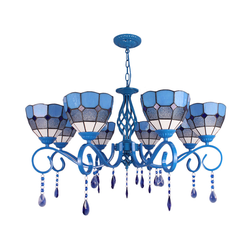 6/8 Lights Blue Pendant Lighting Nautical Tiffany Stained Glass Indoor Chandelier Light with 12" Chain Clearhalo 'Ceiling Lights' 'Chandeliers' 'Industrial' 'Middle Century Chandeliers' 'Tiffany Chandeliers' 'Tiffany close to ceiling' 'Tiffany' Lighting' 178231