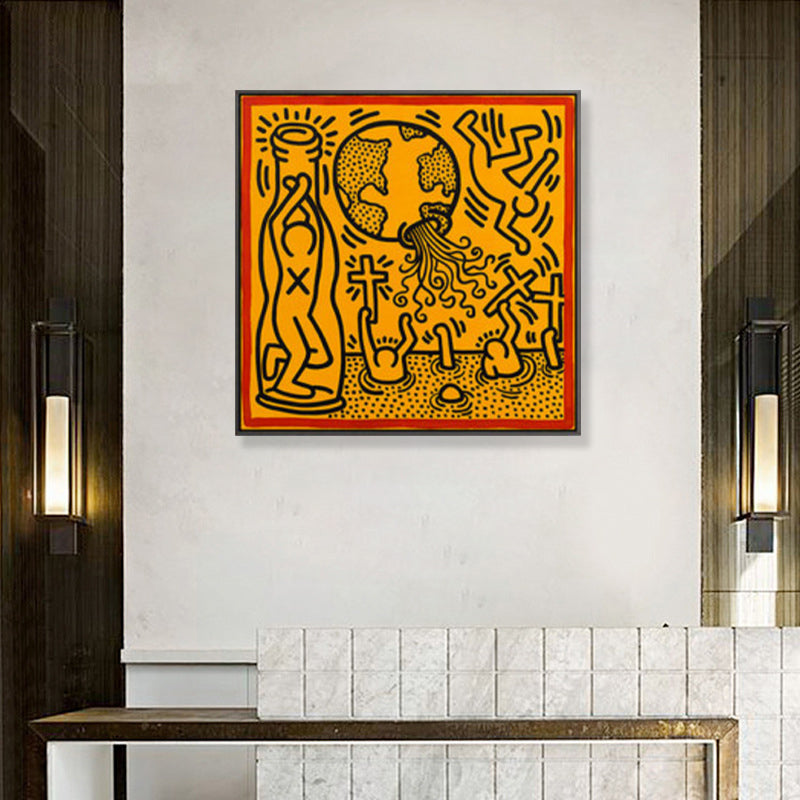 Gelbe Pop Art Canvas Print Illustration Keith Haring Figur Zeichnung Wanddekor für Raum