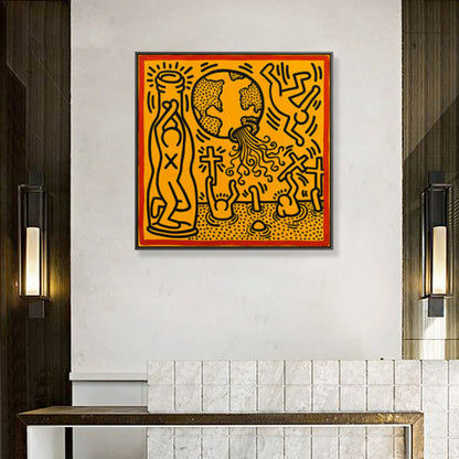 Yellow Pop Art Canvas Print Illustration Keith Haring Figure Drawing Wall Decor for Room Yellow Clearhalo 'Arts' 'Canvas Art' 1782310