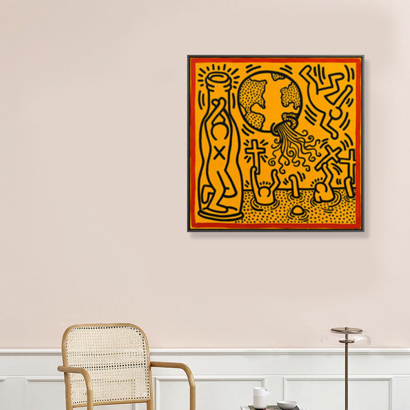 Yellow Pop Art Canvas Print Illustration Keith Haring Figure Drawing Wall Decor for Room Clearhalo 'Arts' 'Canvas Art' 1782312