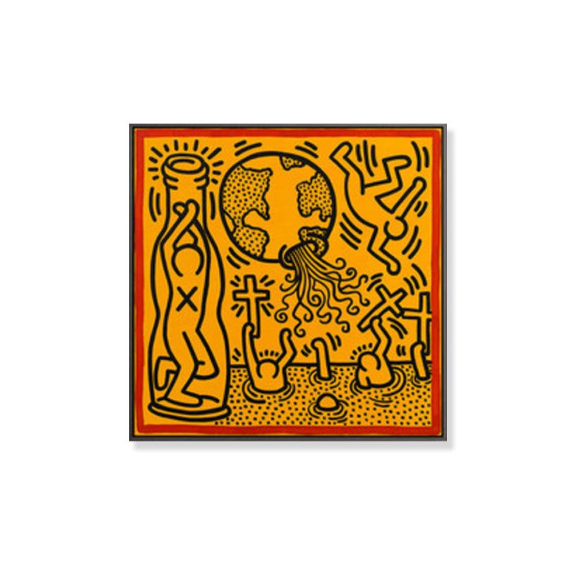 Yellow Pop Art Canvas Print Illustration Keith Haring Figure Drawing Wall Decor for Room