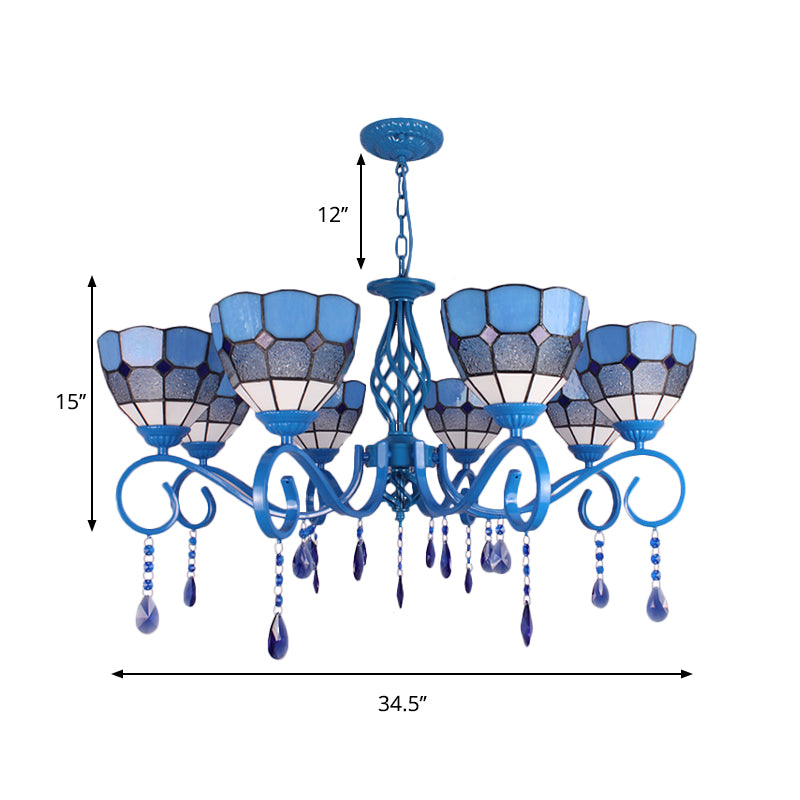 6/8 Lights Blue Pendant Lighting Nautical Tiffany Stained Glass Indoor Chandelier Light with 12" Chain Clearhalo 'Ceiling Lights' 'Chandeliers' 'Industrial' 'Middle Century Chandeliers' 'Tiffany Chandeliers' 'Tiffany close to ceiling' 'Tiffany' Lighting' 178232