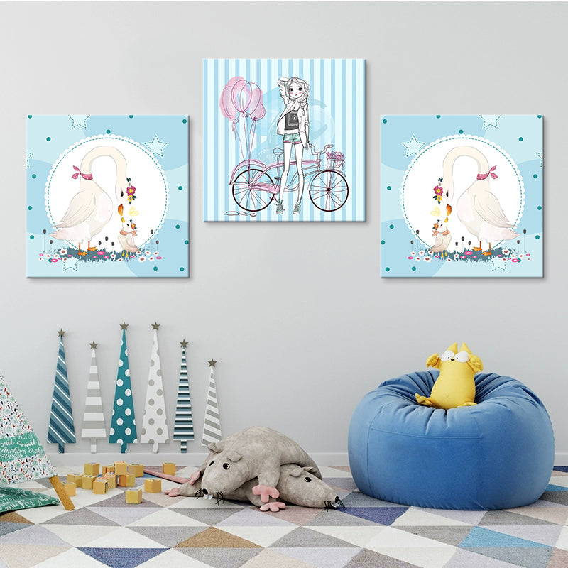 Girl and Swan Wall Art Decor Cartoon Textured Kids Play Room Canvas Print, Set of 3 Blue Clearhalo 'Art Gallery' 'Canvas Art' 'Kids' Arts' 1782360