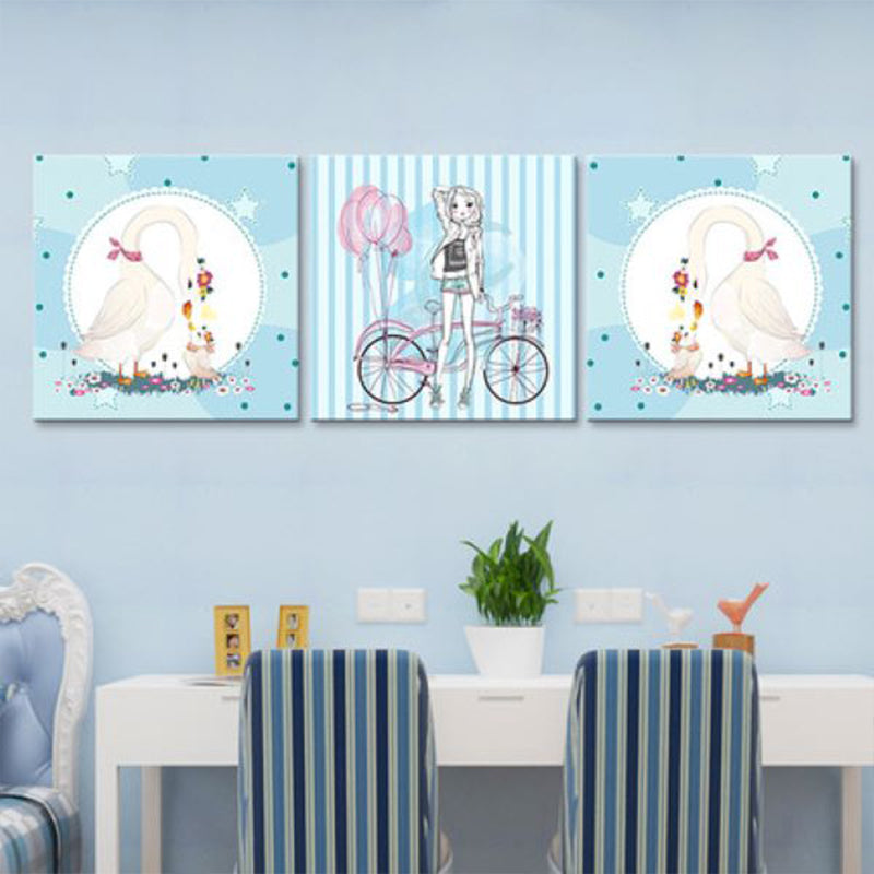Girl and Swan Wall Art Decor Cartoon Textured Kids Play Room Canvas Print, Set of 3 Clearhalo 'Art Gallery' 'Canvas Art' 'Kids' Arts' 1782361