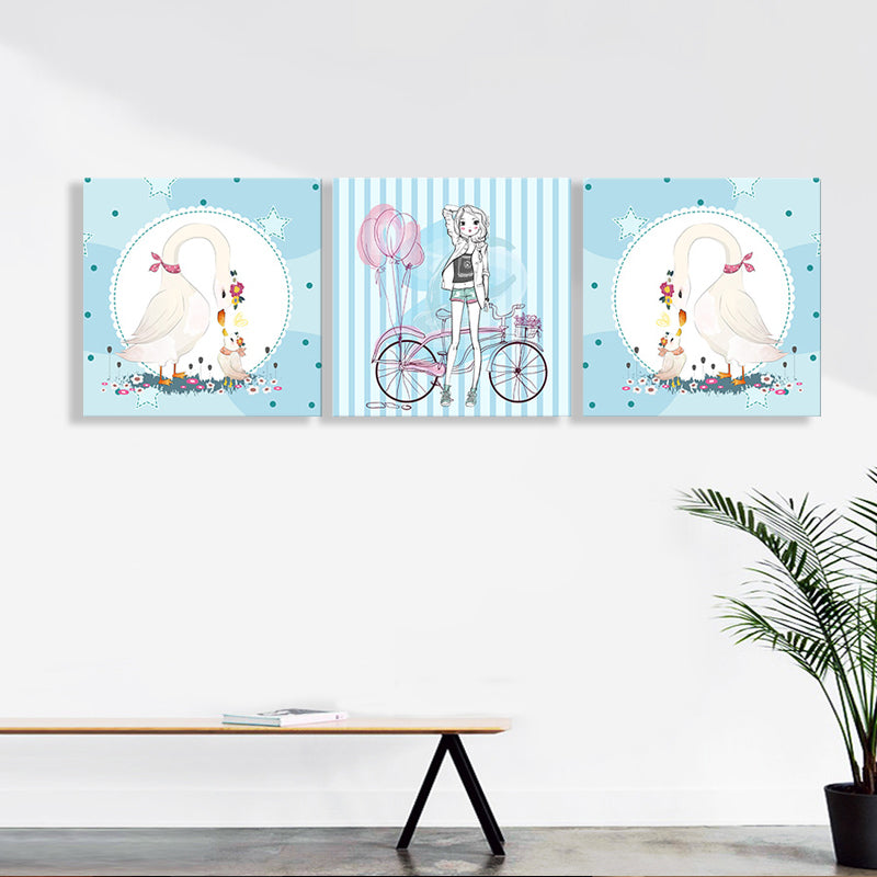 Girl and Swan Wall Art Decor Cartoon Textured Kids Play Room Canvas Print, Set of 3 Clearhalo 'Art Gallery' 'Canvas Art' 'Kids' Arts' 1782362