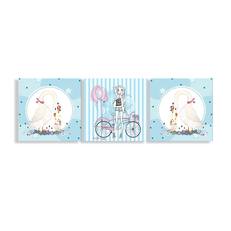 Girl and Swan Wall Art Decor Cartoon Textured Kids Play Room Canvas Print, Set of 3 Clearhalo 'Art Gallery' 'Canvas Art' 'Kids' Arts' 1782363