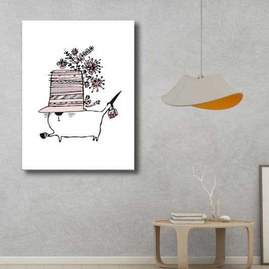 Cartoon Animal Canvas Wall Art Textured Kids Style Girls Room Wall Decor in Soft Color Pink