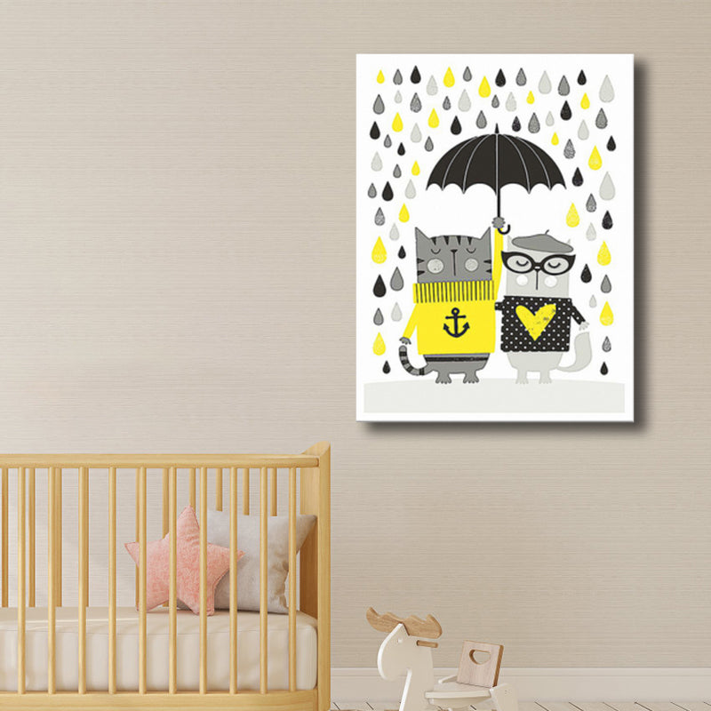 Cats with Umbrella Wall Art Print Kids Style Funny Animal Canvas in Grey for Bedroom Grey Clearhalo 'Art Gallery' 'Canvas Art' 'Kids' Arts' 1782475