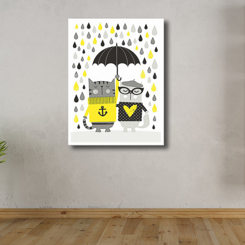 Cats with Umbrella Wall Art Print Kids Style Funny Animal Canvas in Grey for Bedroom Clearhalo 'Art Gallery' 'Canvas Art' 'Kids' Arts' 1782476