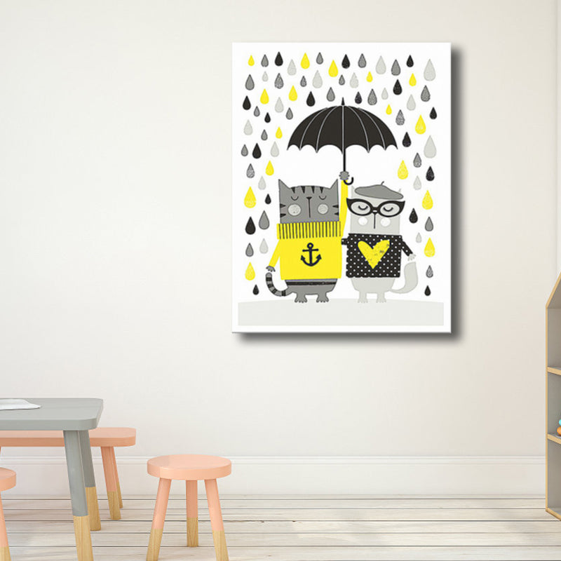 Cats with Umbrella Wall Art Print Kids Style Funny Animal Canvas in Grey for Bedroom Clearhalo 'Art Gallery' 'Canvas Art' 'Kids' Arts' 1782477