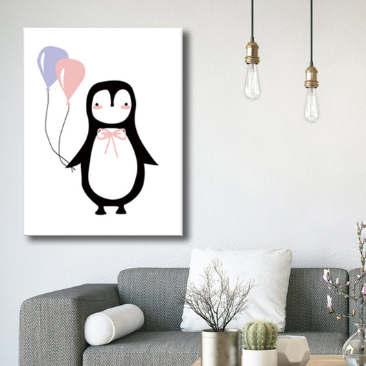 Penguin with Balloon Wall Decor Children's Art Textured Canvas Print in Black for Bedroom Clearhalo 'Art Gallery' 'Canvas Art' 'Kids' Arts' 1782490