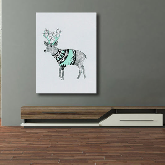 Illustrated Children's Art Canvas Print with Reindeer in Green for House Corridor Green Clearhalo 'Art Gallery' 'Canvas Art' 'Kids' Arts' 1782496