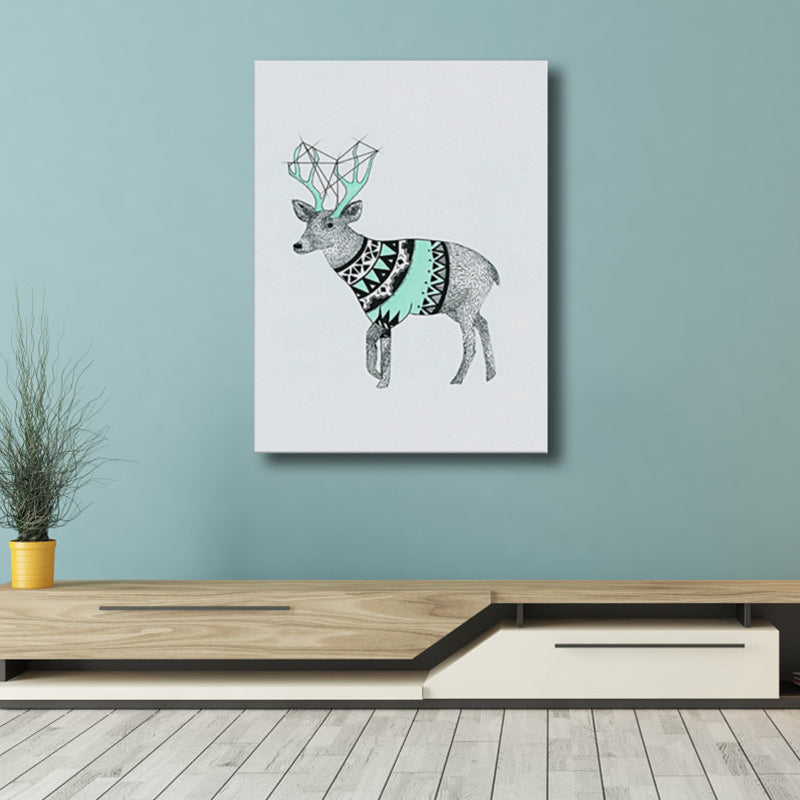 Illustrated Children's Art Canvas Print with Reindeer in Green for House Corridor Clearhalo 'Art Gallery' 'Canvas Art' 'Kids' Arts' 1782497