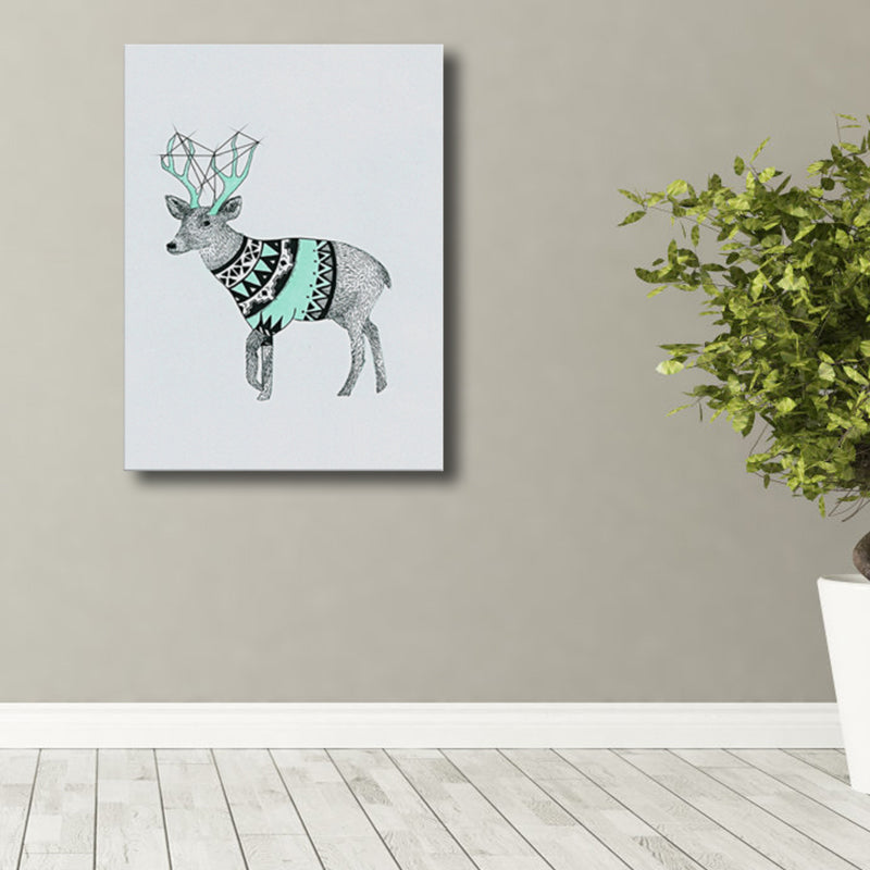 Illustrated Children's Art Canvas Print with Reindeer in Green for House Corridor Clearhalo 'Art Gallery' 'Canvas Art' 'Kids' Arts' 1782498