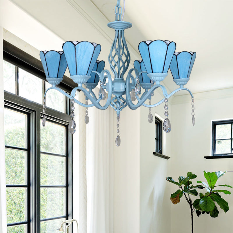 Tiffany Style Cone Pendant Lighting with Adjustable Chain Stained Glass Chandelier in White/Blue/Clear for Living Room Clearhalo 'Ceiling Lights' 'Chandeliers' 'Clear' 'Industrial' 'Middle Century Chandeliers' 'Modern' 'Tiffany Chandeliers' 'Tiffany close to ceiling' 'Tiffany' 'Traditional Chandeliers' Lighting' 178253