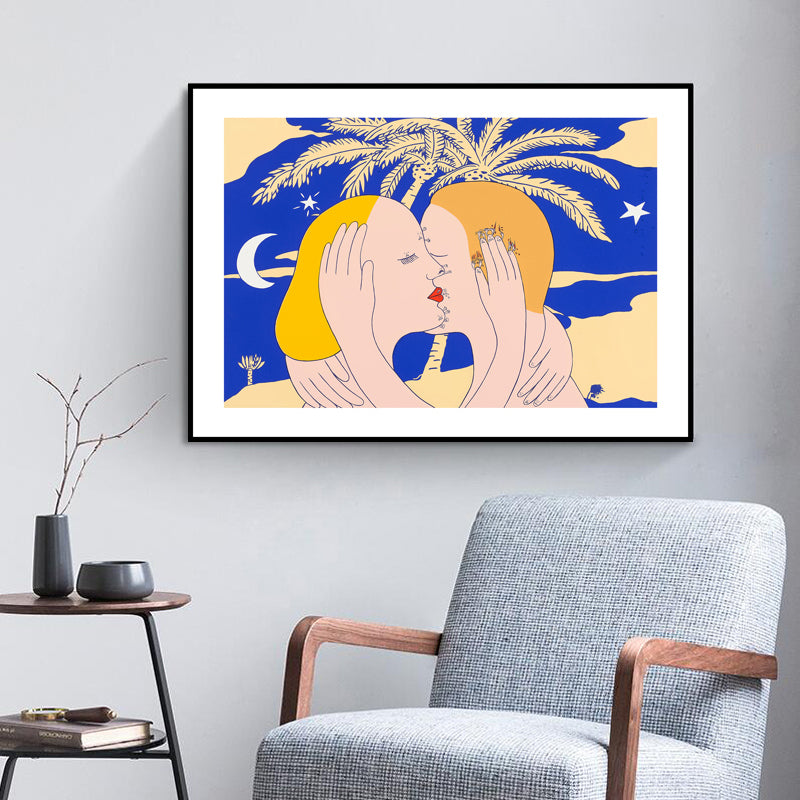 Illustration Kiss Canvas Wall Art Modern Textured House Interior Wall Decor in Dark Color Blue Clearhalo 'Arts' 'Canvas Art' 1782546