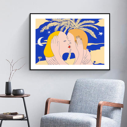 Illustration Kiss Canvas Wall Art Modern Textured House Interior Wall Decor in Dark Color Blue Clearhalo 'Arts' 'Canvas Art' 1782546