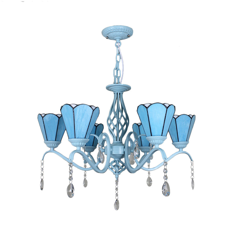 Tiffany Style Cone Pendant Lighting with Adjustable Chain Stained Glass Chandelier in White/Blue/Clear for Living Room Clearhalo 'Ceiling Lights' 'Chandeliers' 'Clear' 'Industrial' 'Middle Century Chandeliers' 'Modern' 'Tiffany Chandeliers' 'Tiffany close to ceiling' 'Tiffany' 'Traditional Chandeliers' Lighting' 178255