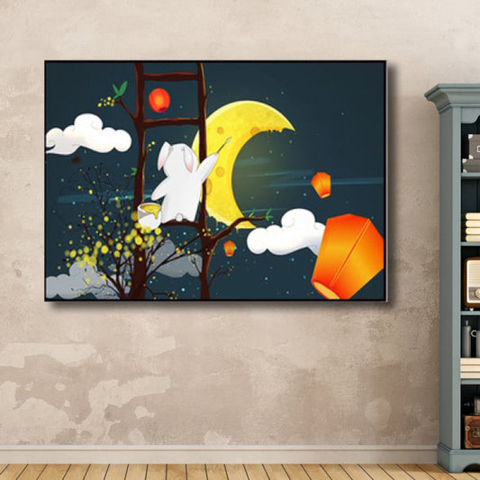 Night Sky Moon Scene Canvas Cartoon Textured Wall Art Decor in Dark Color for Home Yellow Clearhalo 'Art Gallery' 'Canvas Art' 'Kids' Arts' 1782601