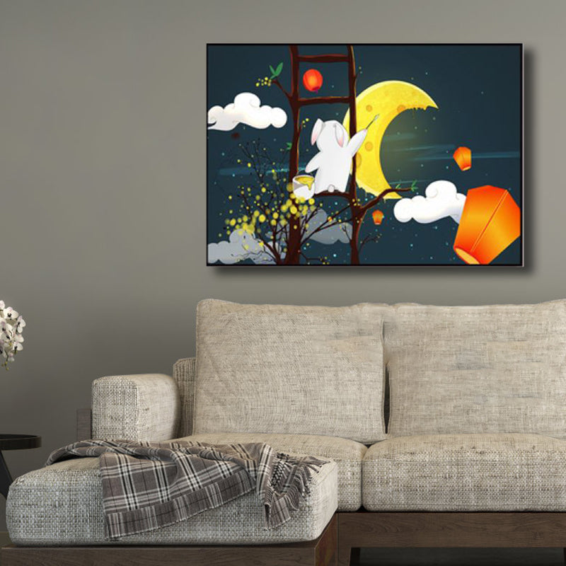 Night Sky Moon Scene Canvas Cartoon Textured Wall Art Decor in Dark Color for Home Clearhalo 'Art Gallery' 'Canvas Art' 'Kids' Arts' 1782602