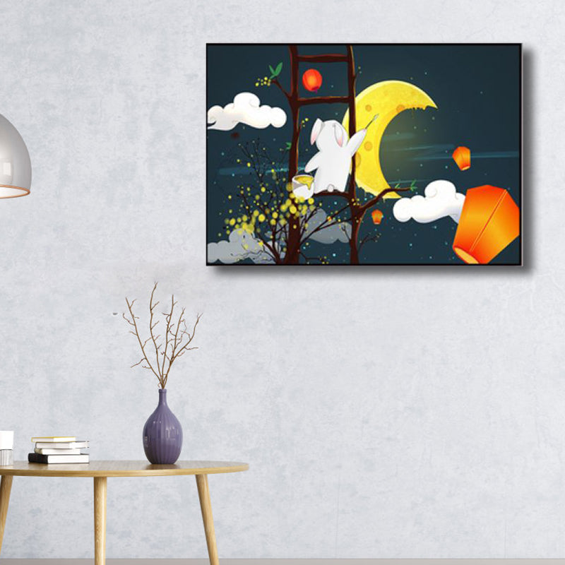 Night Sky Moon Scene Canvas Cartoon Textured Wall Art Decor in Dark Color for Home Clearhalo 'Art Gallery' 'Canvas Art' 'Kids' Arts' 1782603