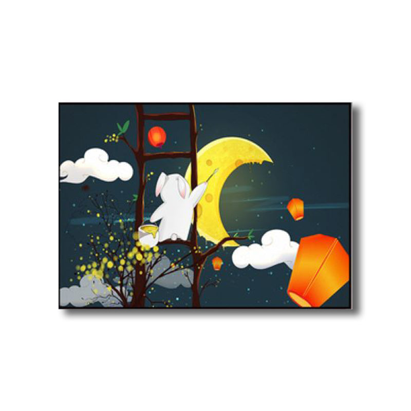 Night Sky Moon Scene Canvas Cartoon Textured Wall Art Decor in Dark Color for Home Clearhalo 'Art Gallery' 'Canvas Art' 'Kids' Arts' 1782604