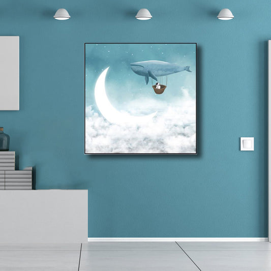 Moon Night Flying Whale Canvas Art Blue Kids Wall Decor for Sitting Room, Textured Sky Blue Clearhalo 'Art Gallery' 'Canvas Art' 'Kids' Arts' 1782612