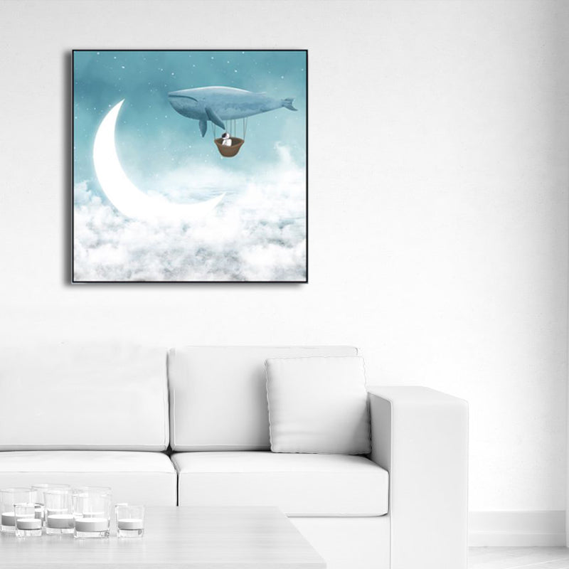 Moon Night Flying Whale Canvas Art Blue Kids Wall Decor for Sitting Room, Textured Clearhalo 'Art Gallery' 'Canvas Art' 'Kids' Arts' 1782613