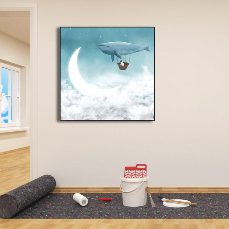 Moon Night Flying Whale Canvas Art Blue Kids Wall Decor for Sitting Room, Textured Clearhalo 'Art Gallery' 'Canvas Art' 'Kids' Arts' 1782614