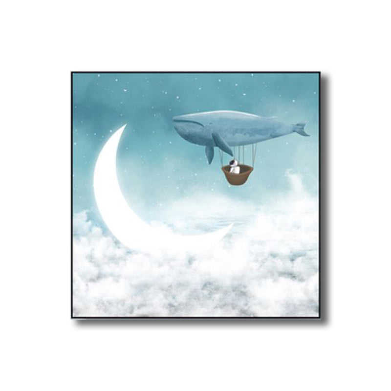 Moon Night Flying Whale Canvas Art Blue Kids Wall Decor for Sitting Room, Textured Clearhalo 'Art Gallery' 'Canvas Art' 'Kids' Arts' 1782615