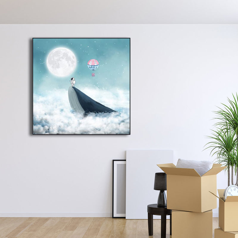 Moon Night Flying Whale Canvas Art Blue Kids Wall Decor for Sitting Room, Textured Light Blue Clearhalo 'Art Gallery' 'Canvas Art' 'Kids' Arts' 1782619