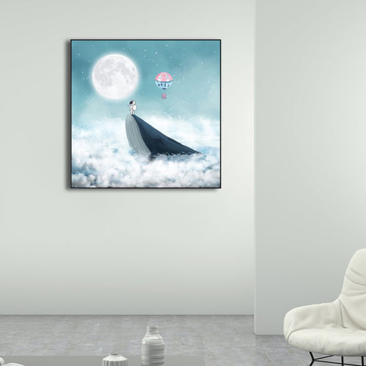 Moon Night Flying Whale Canvas Art Blue Kids Wall Decor for Sitting Room, Textured Clearhalo 'Art Gallery' 'Canvas Art' 'Kids' Arts' 1782620