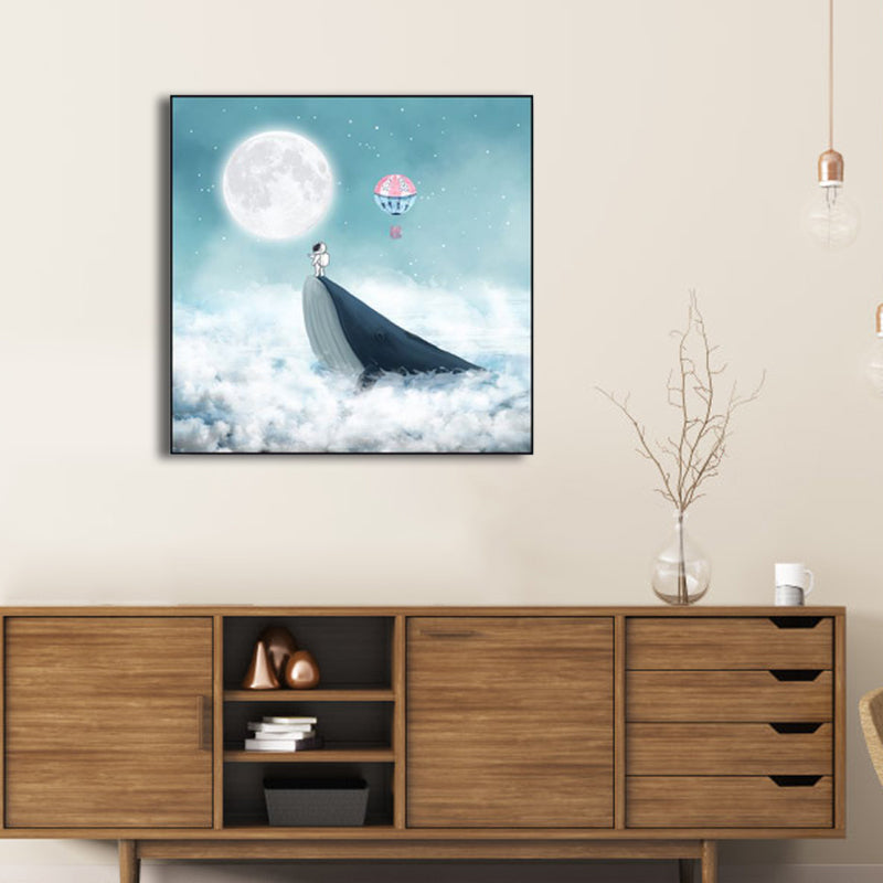 Moon Night Flying Whale Canvas Art Blue Kids Wall Decor for Sitting Room, Textured Clearhalo 'Art Gallery' 'Canvas Art' 'Kids' Arts' 1782621