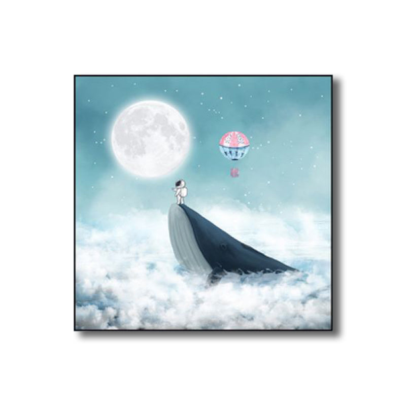 Moon Night Flying Whale Canvas Art Blue Kids Wall Decor for Sitting Room, Textured Clearhalo 'Art Gallery' 'Canvas Art' 'Kids' Arts' 1782622