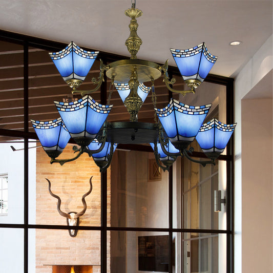 Nautical Pyramid Pendant Lamp 2 Tiers Blue Glass 9 Lights Chandelier with Metal Chain in Blue Blue Clearhalo 'Ceiling Lights' 'Chandeliers' 'Industrial' 'Middle Century Chandeliers' 'Tiffany Chandeliers' 'Tiffany close to ceiling' 'Tiffany' Lighting' 178263