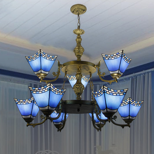 Nautical Pyramid Pendant Lamp 2 Tiers Blue Glass 9 Lights Chandelier with Metal Chain in Blue Clearhalo 'Ceiling Lights' 'Chandeliers' 'Industrial' 'Middle Century Chandeliers' 'Tiffany Chandeliers' 'Tiffany close to ceiling' 'Tiffany' Lighting' 178264