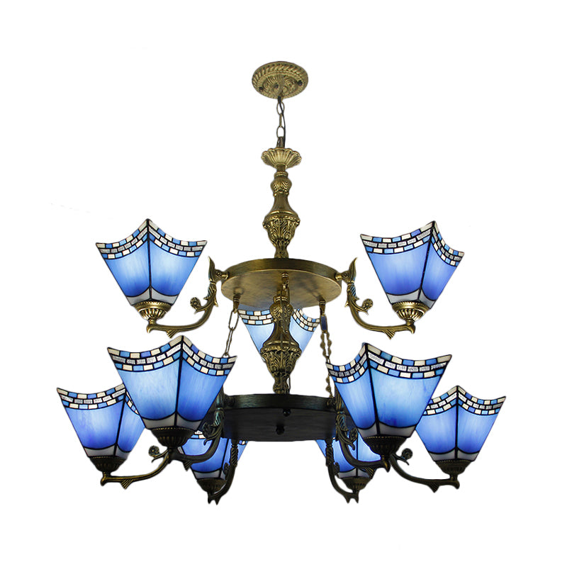 Nautical Pyramid Pendant Lamp 2 Tiers Blue Glass 9 Lights Chandelier with Metal Chain in Blue Clearhalo 'Ceiling Lights' 'Chandeliers' 'Industrial' 'Middle Century Chandeliers' 'Tiffany Chandeliers' 'Tiffany close to ceiling' 'Tiffany' Lighting' 178265