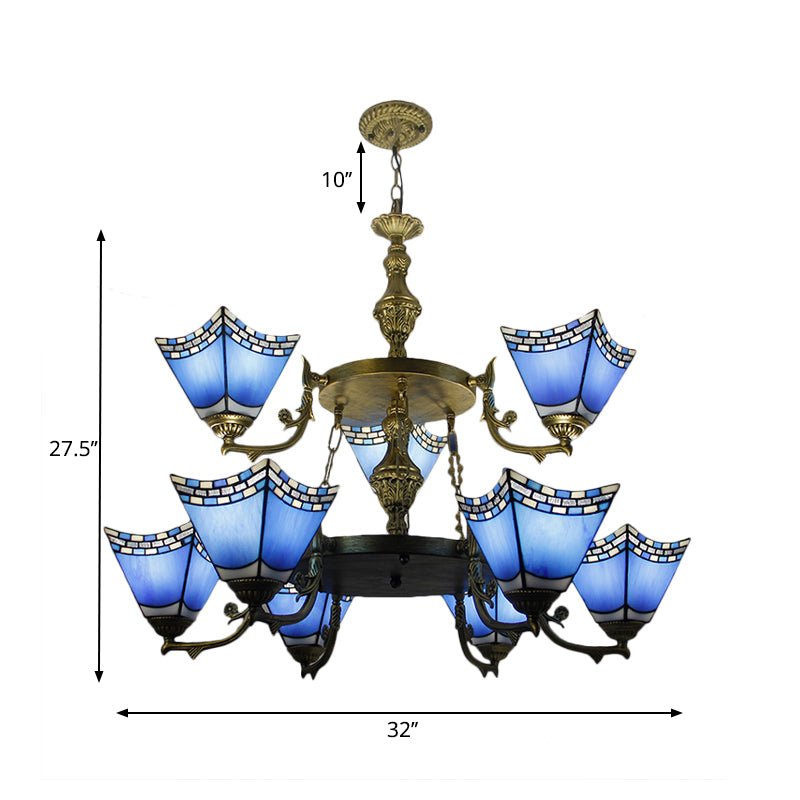 Nautical Pyramid Pendant Lamp 2 Tiers Blue Glass 9 Lights Chandelier with Metal Chain in Blue Clearhalo 'Ceiling Lights' 'Chandeliers' 'Industrial' 'Middle Century Chandeliers' 'Tiffany Chandeliers' 'Tiffany close to ceiling' 'Tiffany' Lighting' 178266