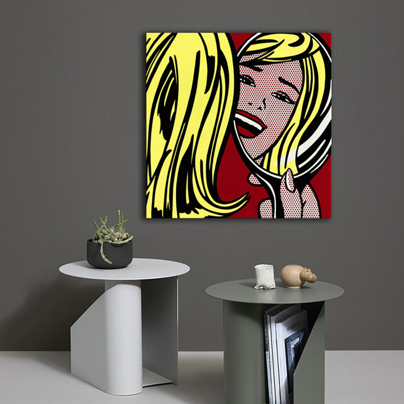 Chica amarilla en espejo figura de arte de pared de espejo impresión de lienzo texturizado tradicional para sala de estar