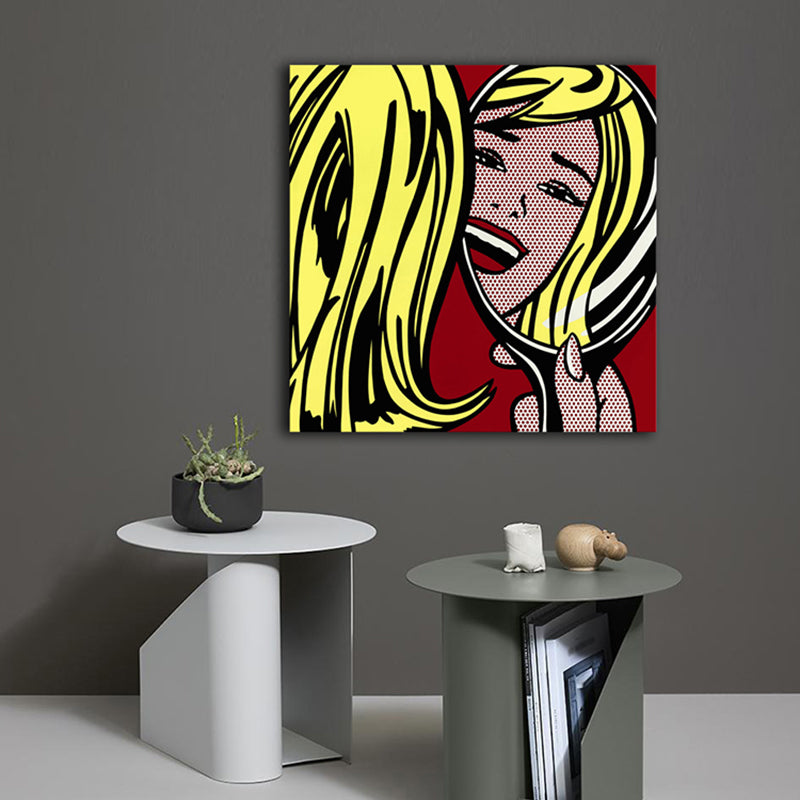 Yellow Girl in Mirror Wall Art Figure Traditional Textured Canvas Print for Living Room Yellow Clearhalo 'Arts' 'Canvas Art' 1782666