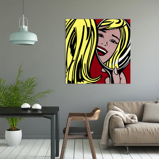 Geel meisje in spiegelwand kunst figuur traditionele textuur canvas print voor woonkamer
