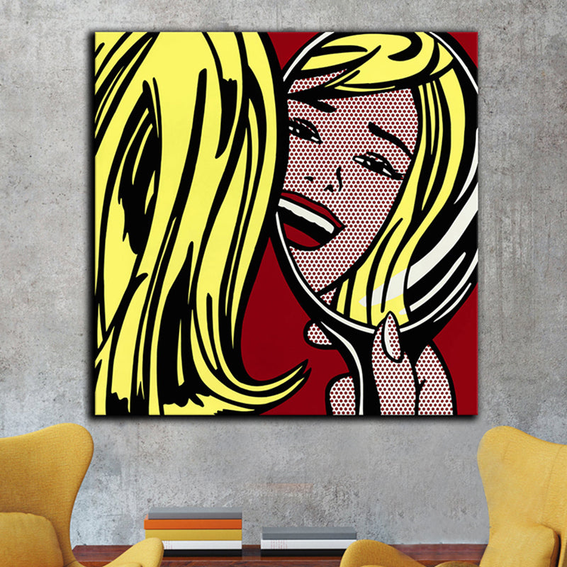 Yellow Girl in Mirror Wall Art Figure Traditional Textured Canvas Print for Living Room