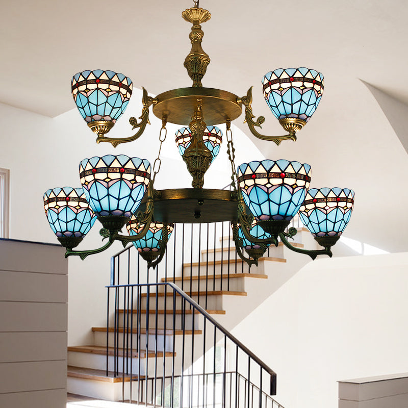 Stained Glass Bowl Hanging Ceiling Light 9 Lights Baroque Chandelier Lighting in Blue for Hallway Blue Clearhalo 'Ceiling Lights' 'Chandeliers' 'Industrial' 'Middle Century Chandeliers' 'Tiffany Chandeliers' 'Tiffany close to ceiling' 'Tiffany' Lighting' 178267