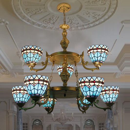 Stained Glass Bowl Hanging Ceiling Light 9 Lights Baroque Chandelier Lighting in Blue for Hallway Clearhalo 'Ceiling Lights' 'Chandeliers' 'Industrial' 'Middle Century Chandeliers' 'Tiffany Chandeliers' 'Tiffany close to ceiling' 'Tiffany' Lighting' 178268