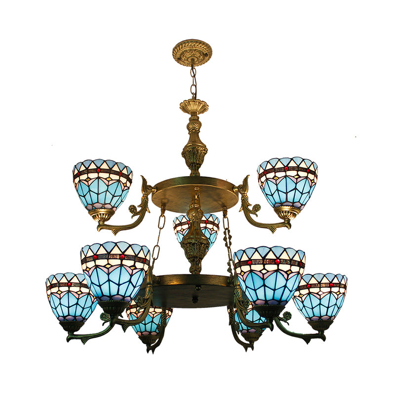 Stained Glass Bowl Hanging Ceiling Light 9 Lights Baroque Chandelier Lighting in Blue for Hallway Clearhalo 'Ceiling Lights' 'Chandeliers' 'Industrial' 'Middle Century Chandeliers' 'Tiffany Chandeliers' 'Tiffany close to ceiling' 'Tiffany' Lighting' 178269